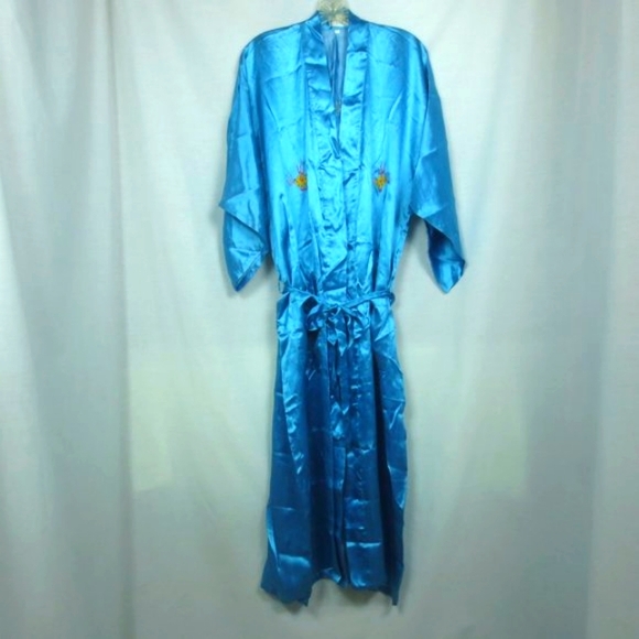 Golden Dragon Robe Sky Blue Satin Embroidered Dragon Silky Flowy Kimono Size M - Picture 2 of 11